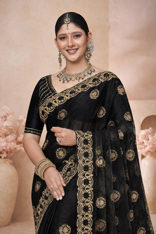 FENDY CRUSH EBRODIERY SAREE- Black