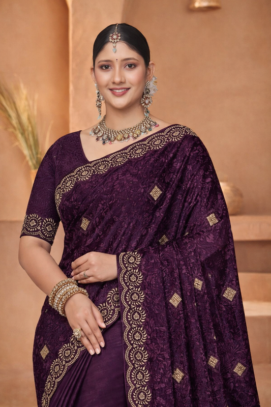 FENDY CRUSH EBRODIERY SAREE- Purple