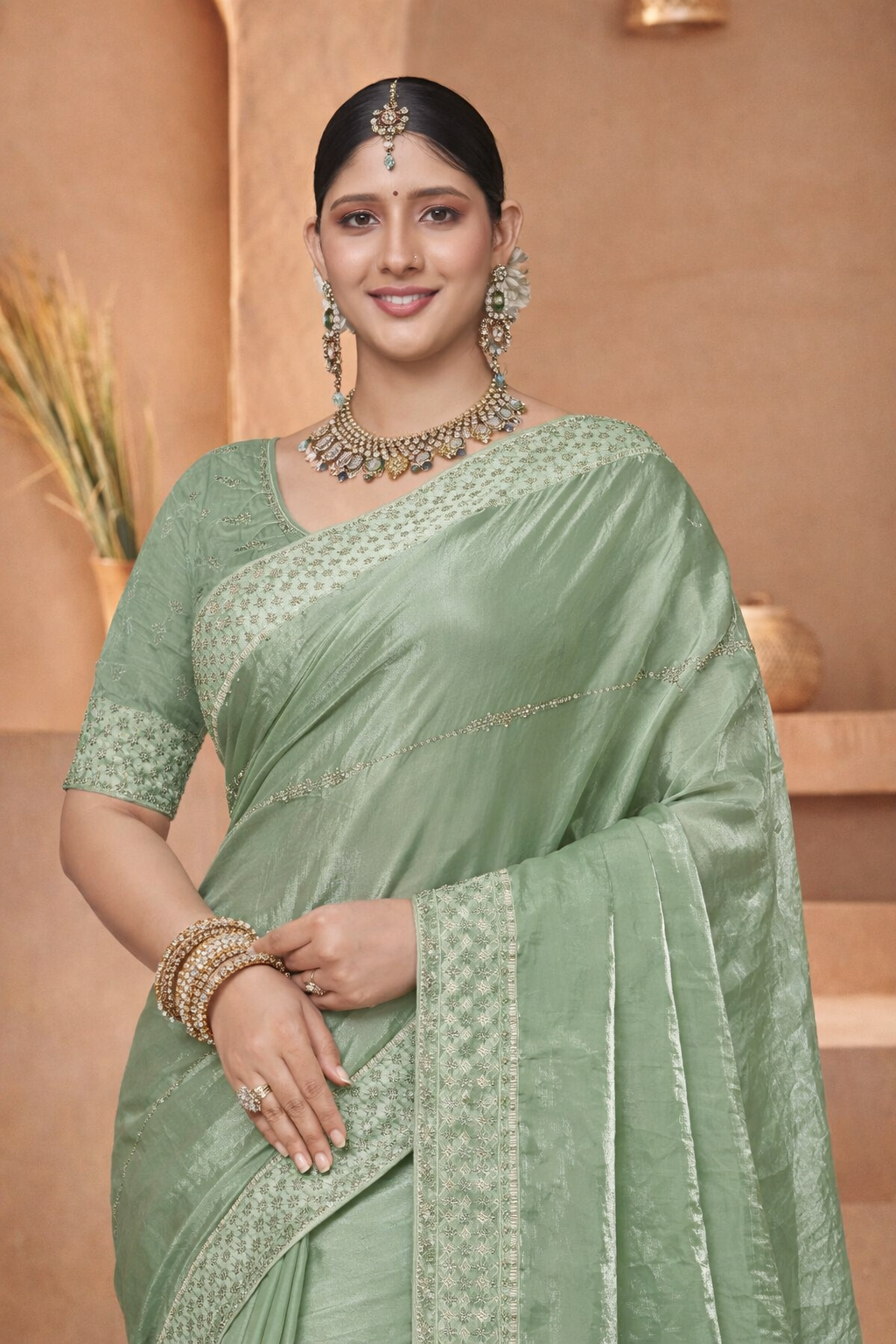 FENDY CRUSH EBRODIERY SAREE- light green