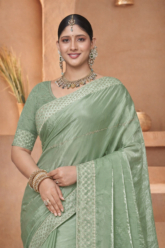 FENDY CRUSH EBRODIERY SAREE- light green