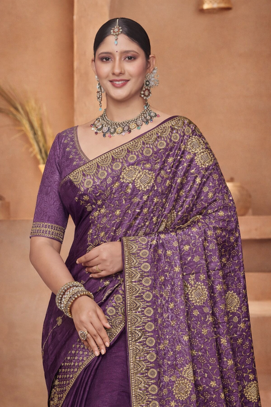 FENDY CRUSH EBRODIERY SAREE- violet