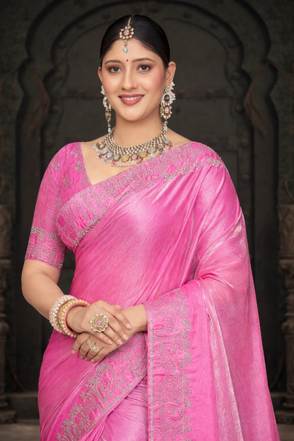 FENDY CRUSH EBRODIERY SAREE- Hot Pink