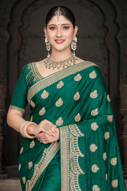 FENDY CRUSH EBRODIERY SAREE- Dark Green