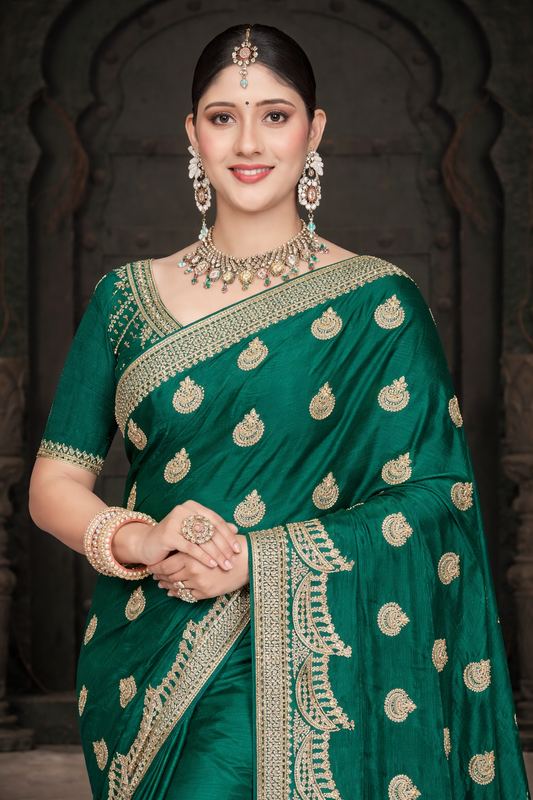 FENDY CRUSH EBRODIERY SAREE- Dark Green