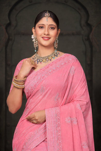 FENDY CRUSH EBRODIERY SAREE- LIGHT PINK
