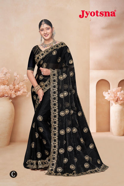 FENDY CRUSH EBRODIERY SAREE- Black